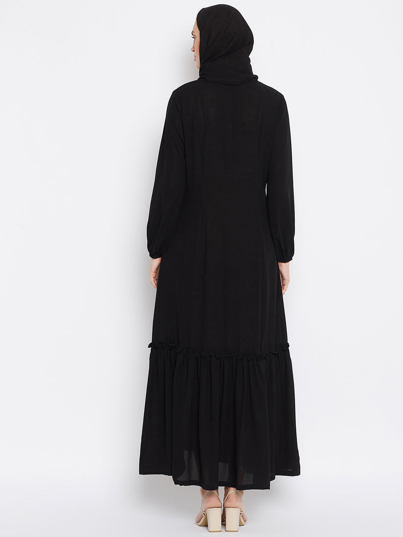 Nabia Women Black Solid Frill Abaya With Georgette Scarf