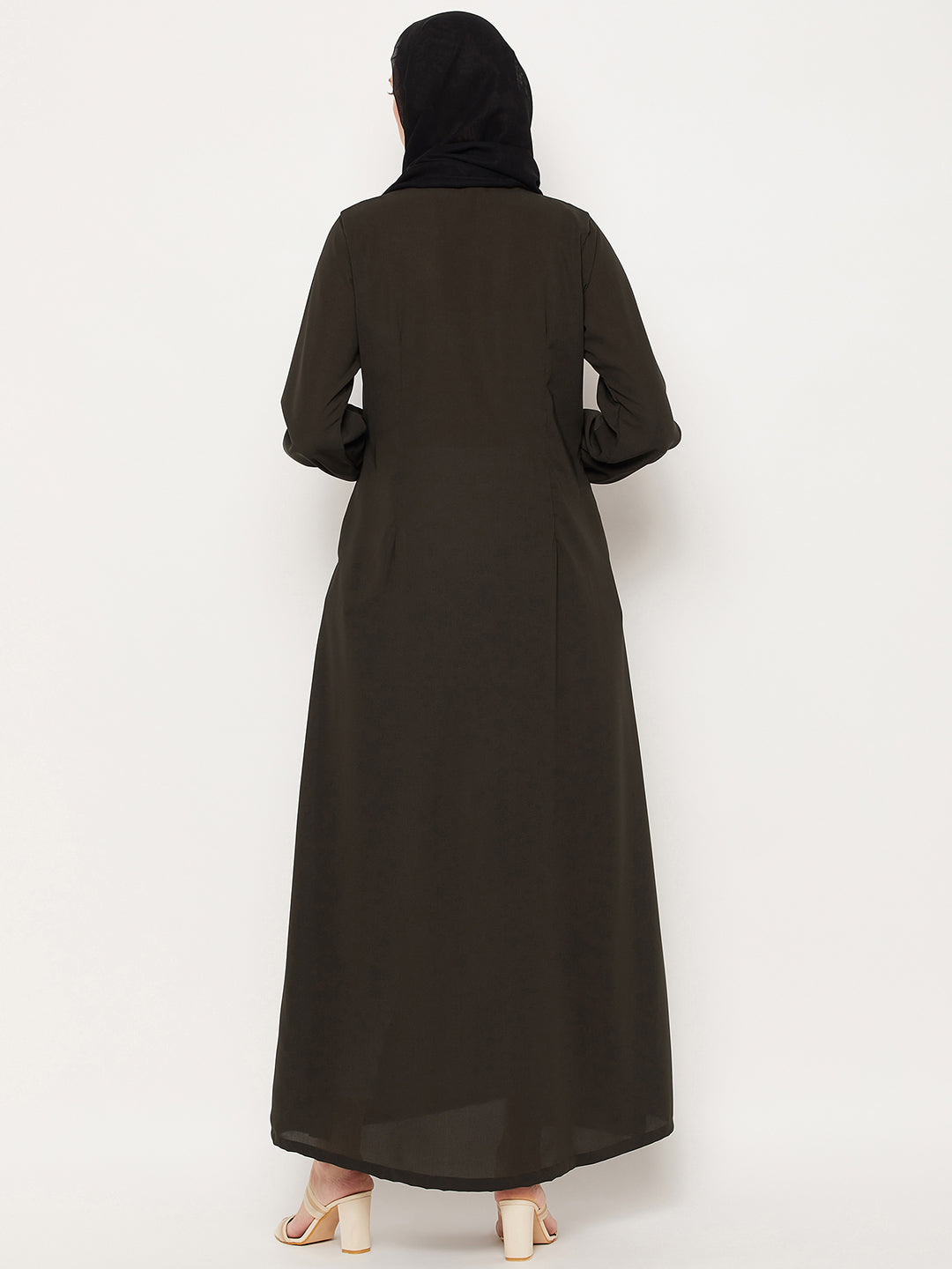 Nabia Olive Green Nida Mate Fabric Front Open  Abaya With Georgette Scarf