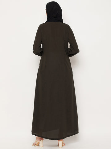 Nabia Olive Green Nida Mate Fabric Front Open  Abaya With Georgette Scarf