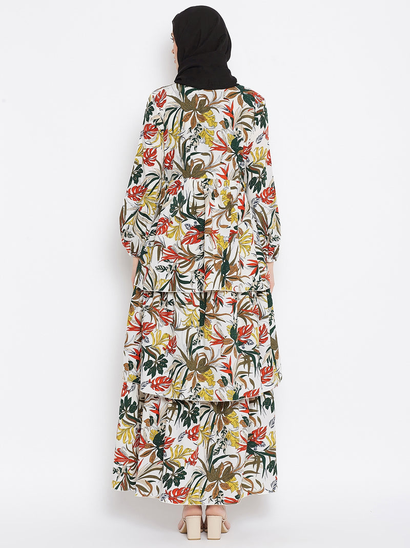 Nabia Women Off White Floral Printed Crepe Three Frill Abaya Dress With Georgette Scarf
