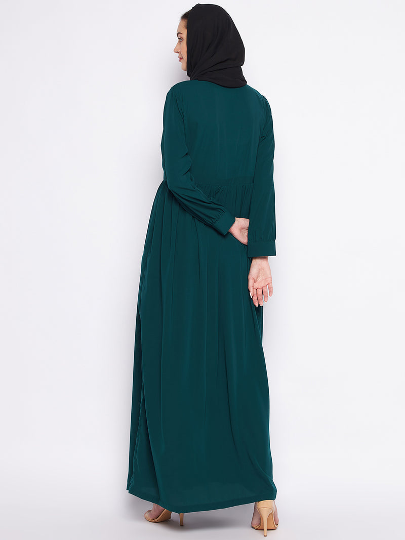 Nabia Bottle Green Solid Nida Matte Fabric Abaya For Women With Georgette Scarf