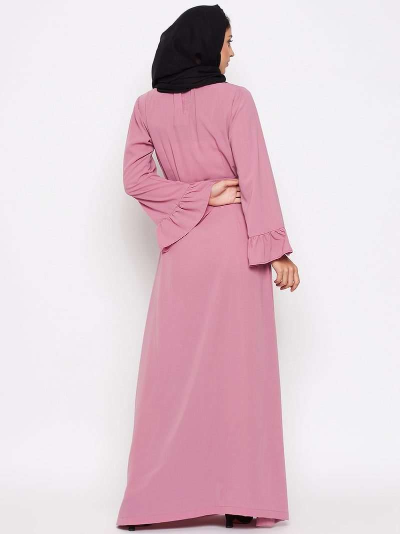 Nabia Women Fuse Pink & Black  Solid Two Color Combination Bell Sleeves Abaya With Georgette Scarf