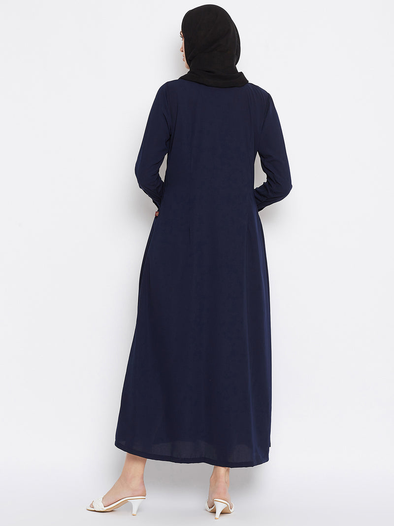 Nabia Women Blue Solid  Nida Matte Front Open Plat Design Abaya With Georgette Scarf