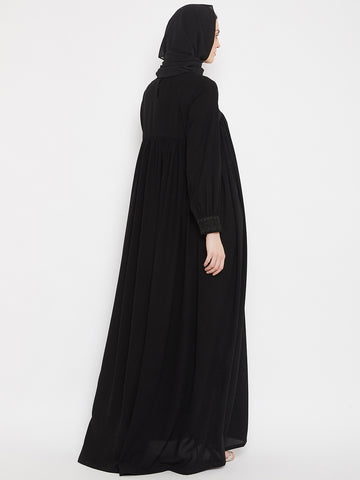 Nabia Women Black Solid Lace Maxi Abaya Dress With Georgette Scarf