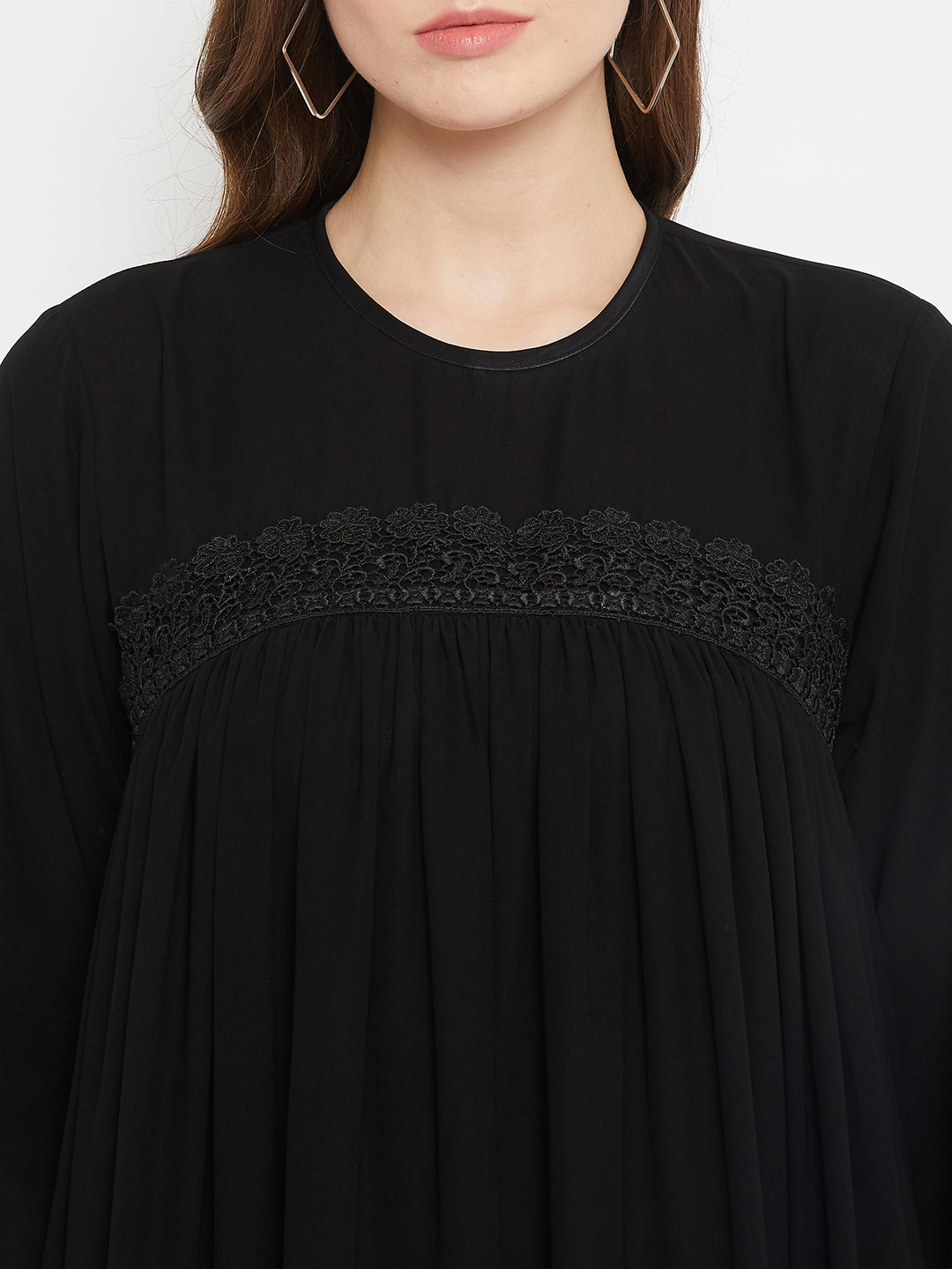 Nabia Women Black Solid Lace Maxi Abaya Dress With Georgette Scarf