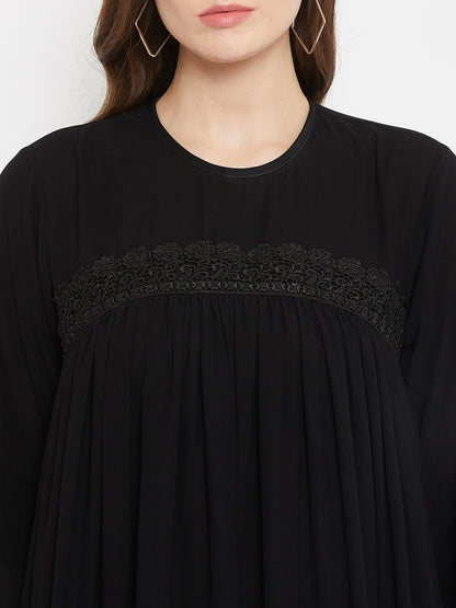 Nabia Women Black Solid Lace Maxi Abaya Dress With Georgette Scarf