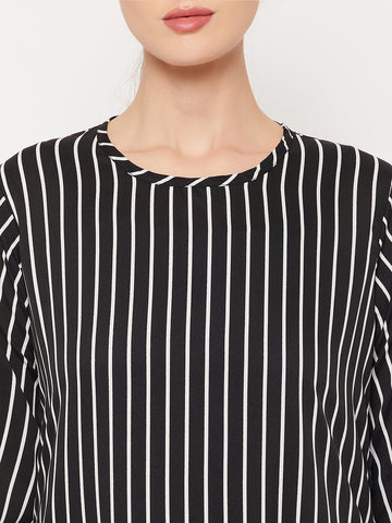 Nabia Black Striped Crepe Women Abaya With Georgette Scarf