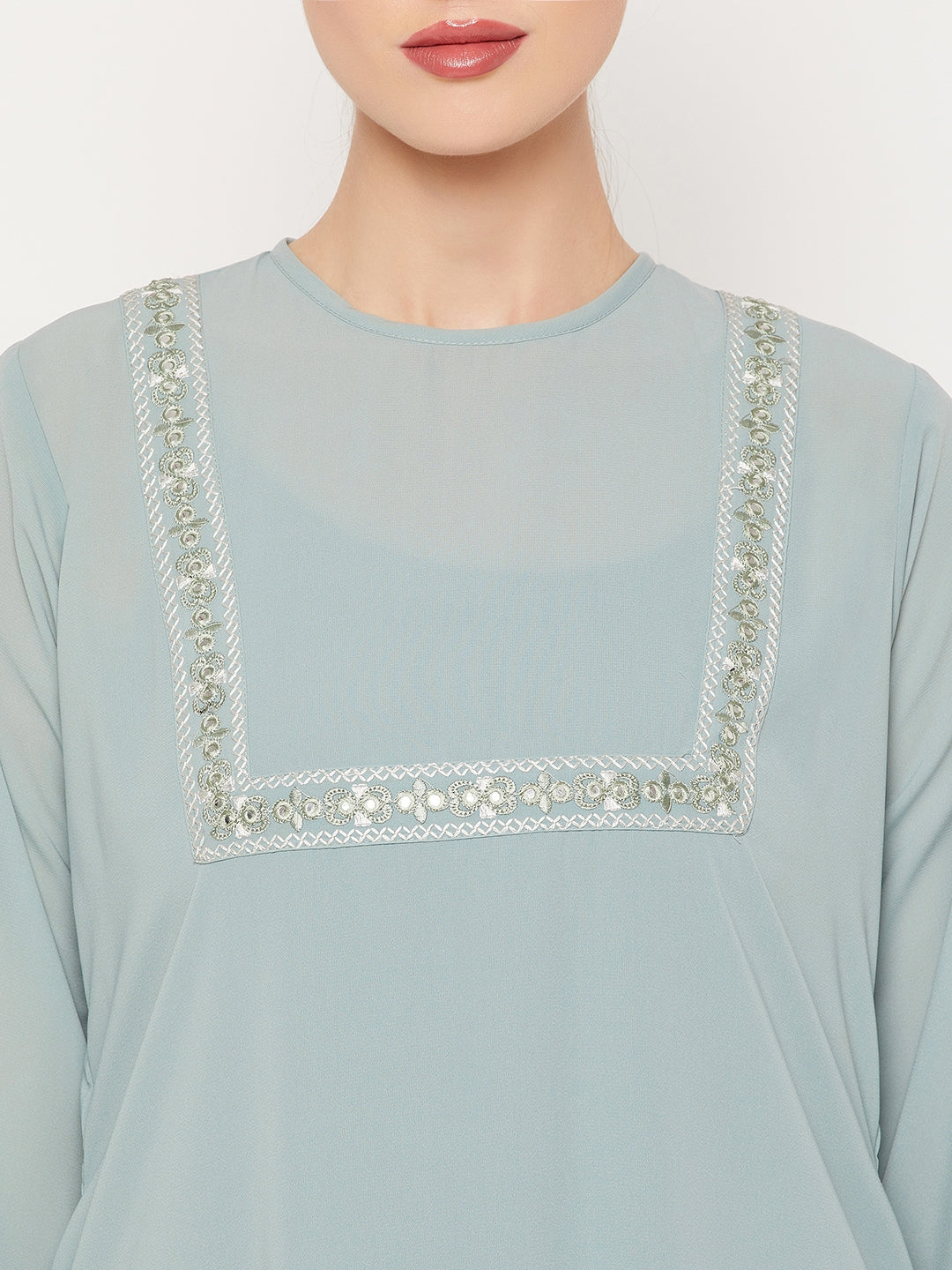 Nabia Sea Green Nida Matte Fabric Embroidery Work Women Abaya With Georgette Scarf