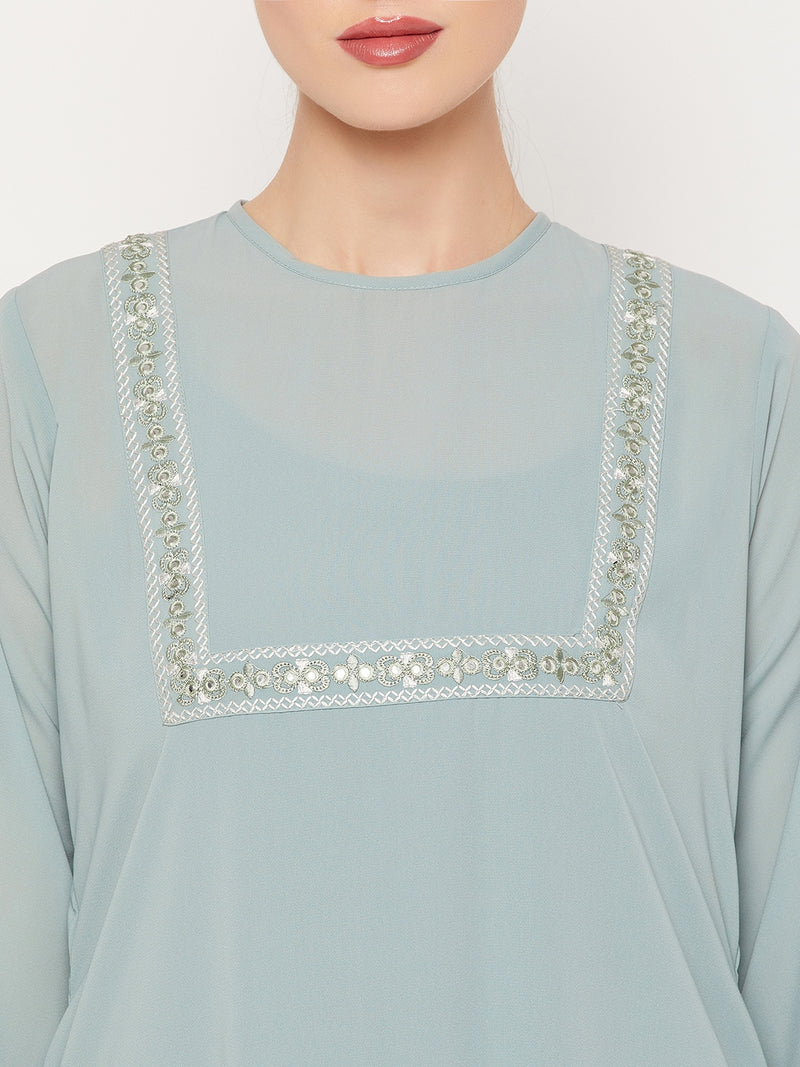 Nabia Sea Green Nida Matte Fabric Embroidery Work Women Abaya With Georgette Scarf