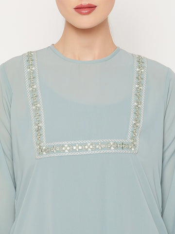 Nabia Sea Green Nida Matte Fabric Embroidery Work Women Abaya With Georgette Scarf