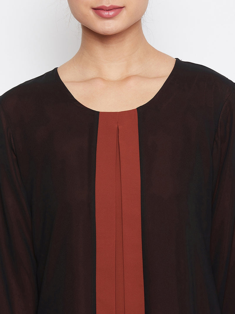 Nabia Women Black & Rust Shrug Attached Nida Matte Abaya With Georgette Scarf