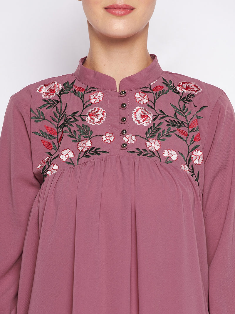 Nabia Puce Pink Nida Matte Fabric Embroidery Abaya For Women With Georgette Scarf