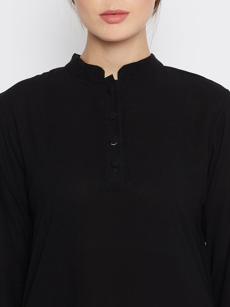 Nabia Women Black Solid Frill Abaya With Georgette Scarf