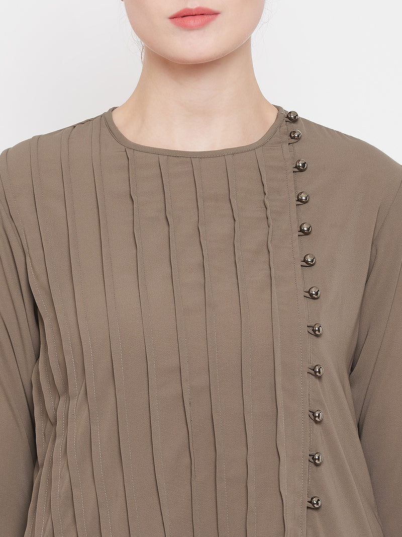 Nabia Women Oat Solid Side Plate Abaya Dress With Georgette Scarf