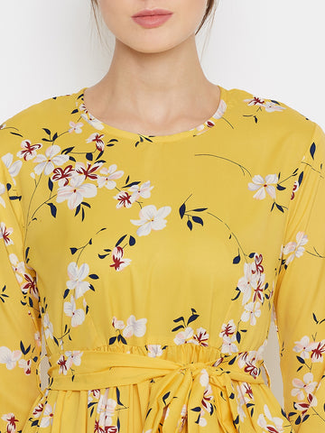 Nabia Women Yellow Floral Printed Crepe Two Frill Abaya Dress With Georgette Scarf