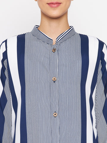 Nabia Women Blue Front Open Striped Abaya With Georgette Scarf