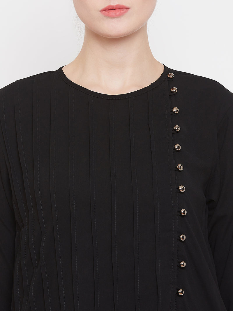 Nabia Women Black Solid Side Plate Abaya Dress With Georgette Scarf
