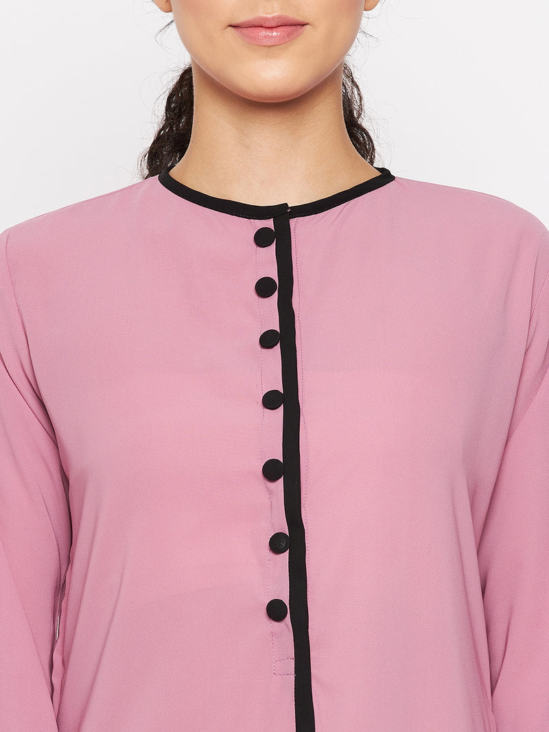 Nabia Women Fuse Pink Solid Piping Design Abaya Burqa With Georgette Scarf