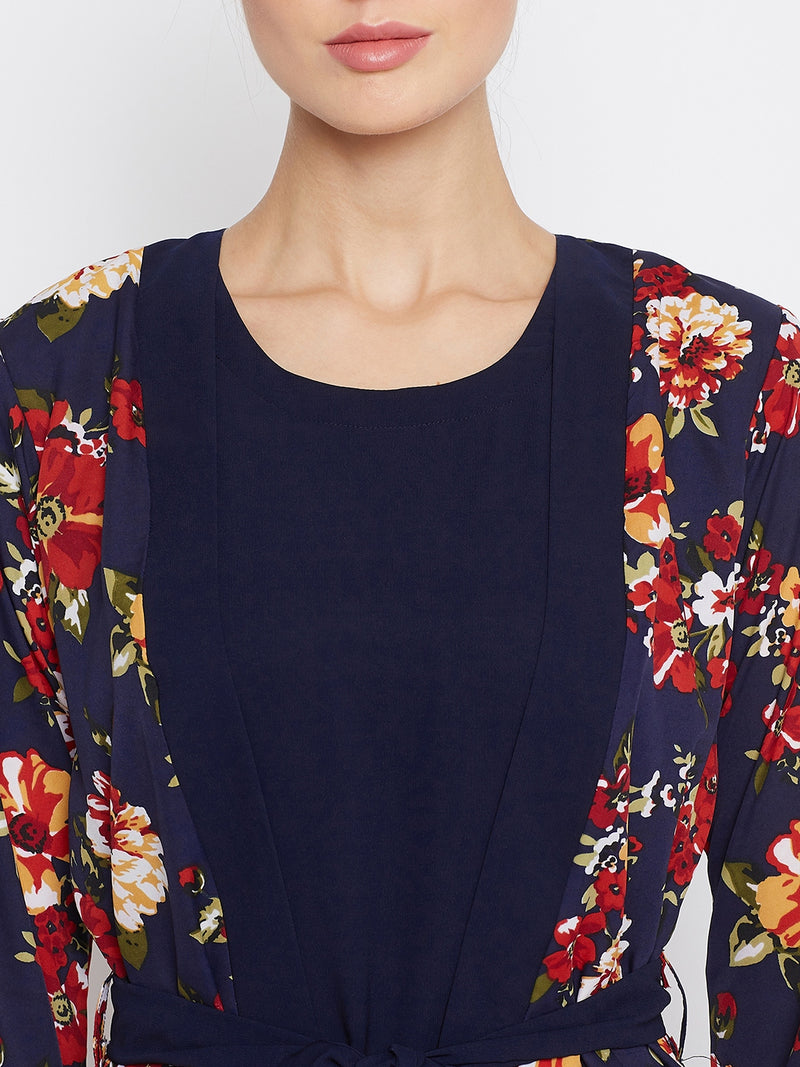 Nabia Women Blue & Red Floral Printed Shrug Attached Casual Abaya With Georgette Scarf