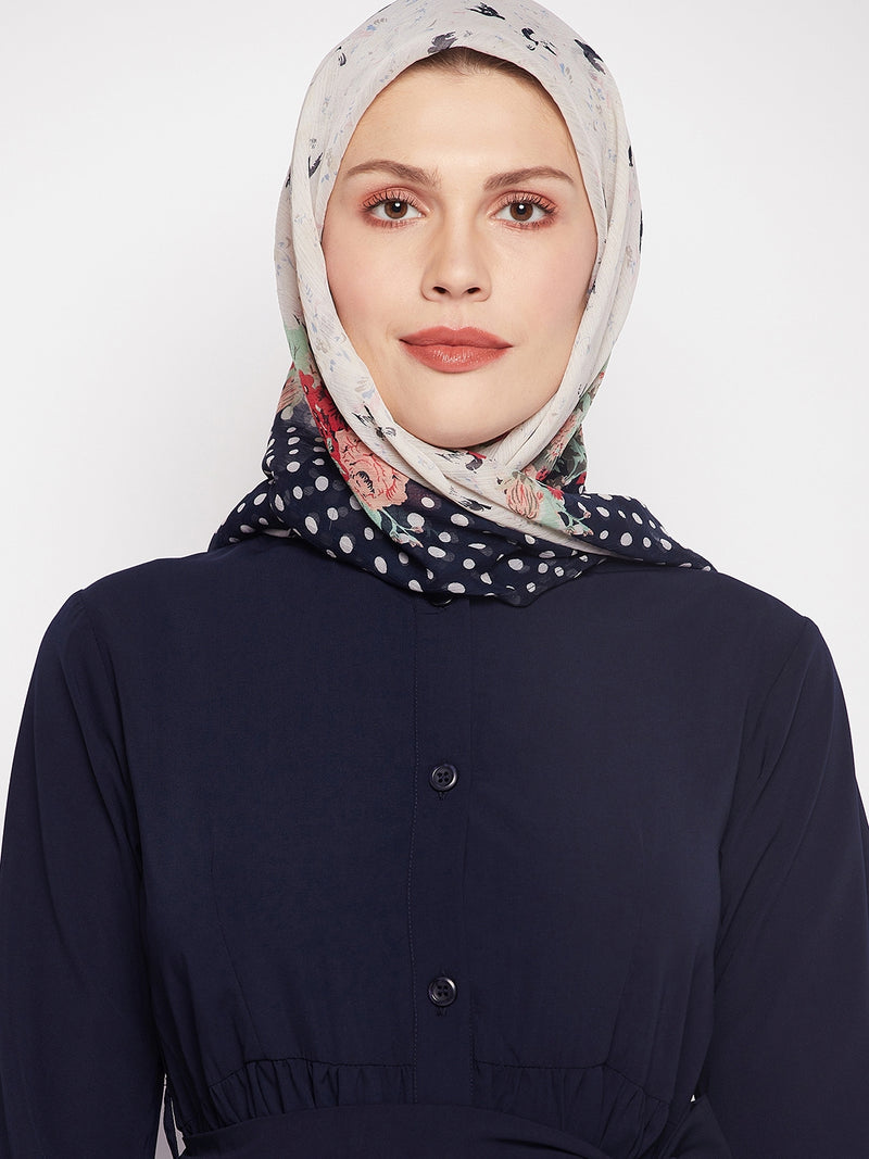 Nabia Women Blue Solid Frilled Nida Matte Fabric Abaya Burqa With Black Georgette Scarf