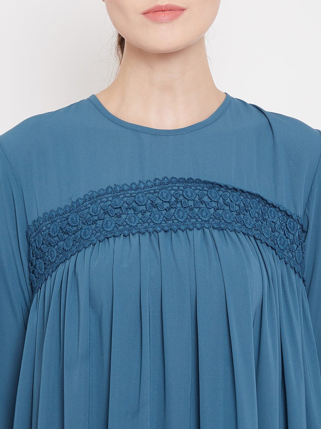 Nabia  Women Sky Blue Solid Lace Maxi Abaya Dress With Georgette Scarf