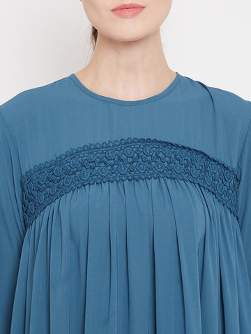 Nabia  Women Sky Blue Solid Lace Maxi Abaya Dress With Georgette Scarf