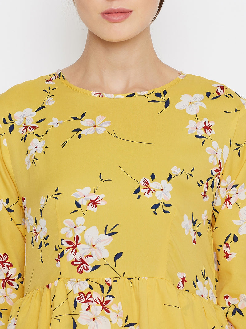 Nabia Women Yellow Floral Printed Crepe Three Frill Abaya Dress With Georgette Scarf