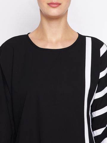 Nabia Black & White A-line Nida Matte Fabric Abaya For Women With Georgette Scarf