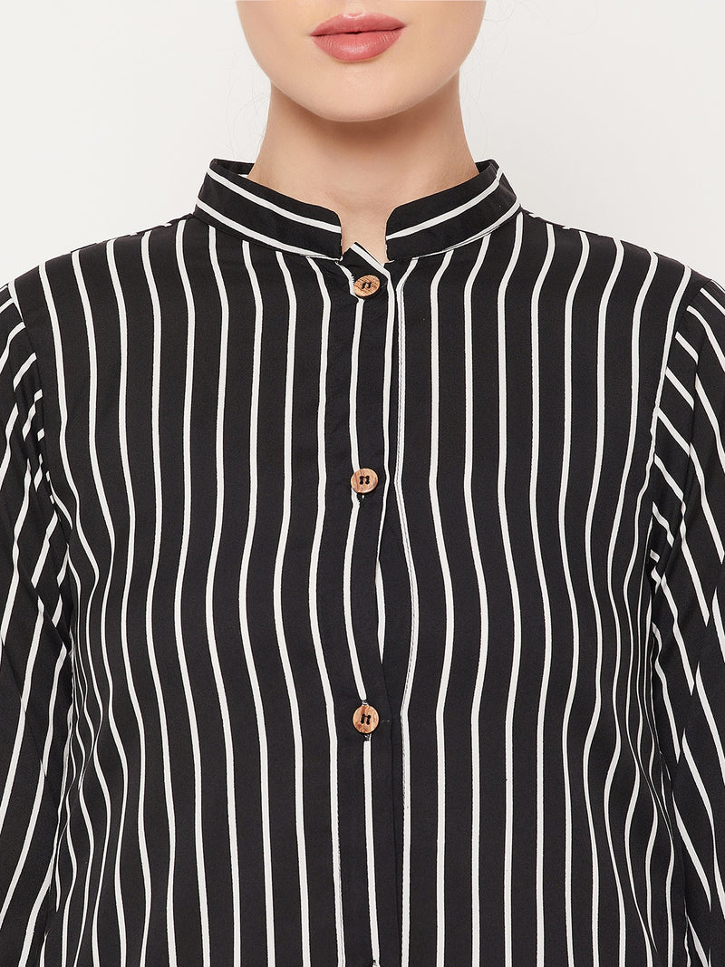 Nabia Black Striped Crape Front Open Women Abaya With Georgette Scarf