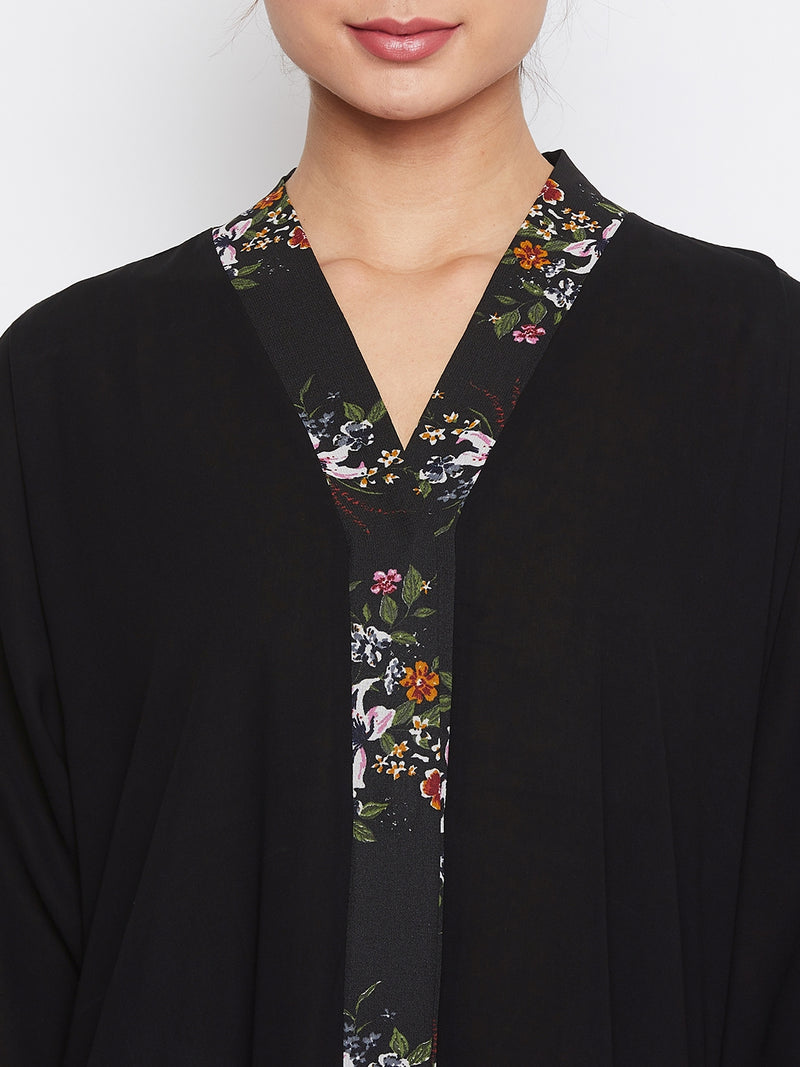 Nabia Women Black Dubai Style Front Open Nida Matte Fabric Abaya with Georgette Scarf
