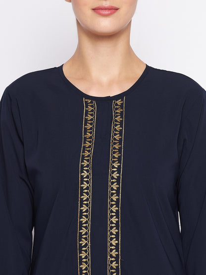 Nabia Blue Solid Nida Matte Fabric Abaya For Women with Georgette Scarf