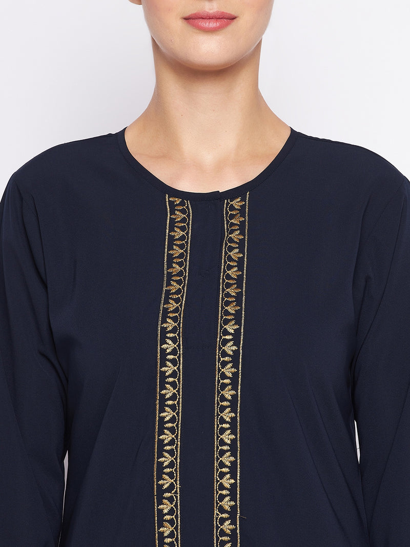 Nabia Blue Solid Nida Matte Fabric Abaya For Women With Georgette Scarf