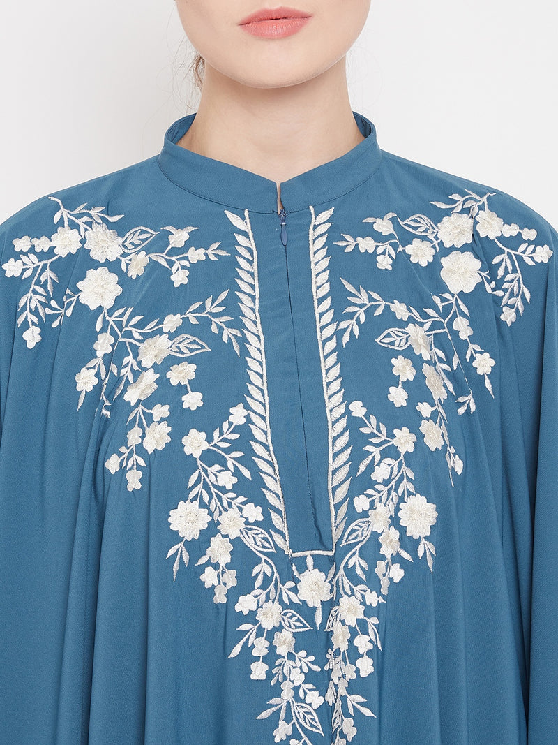 Nabia Women Sky Blue Irani Kaftan Abaya Enhanced With Chikan Hand Embroidered With Georgette Scarf