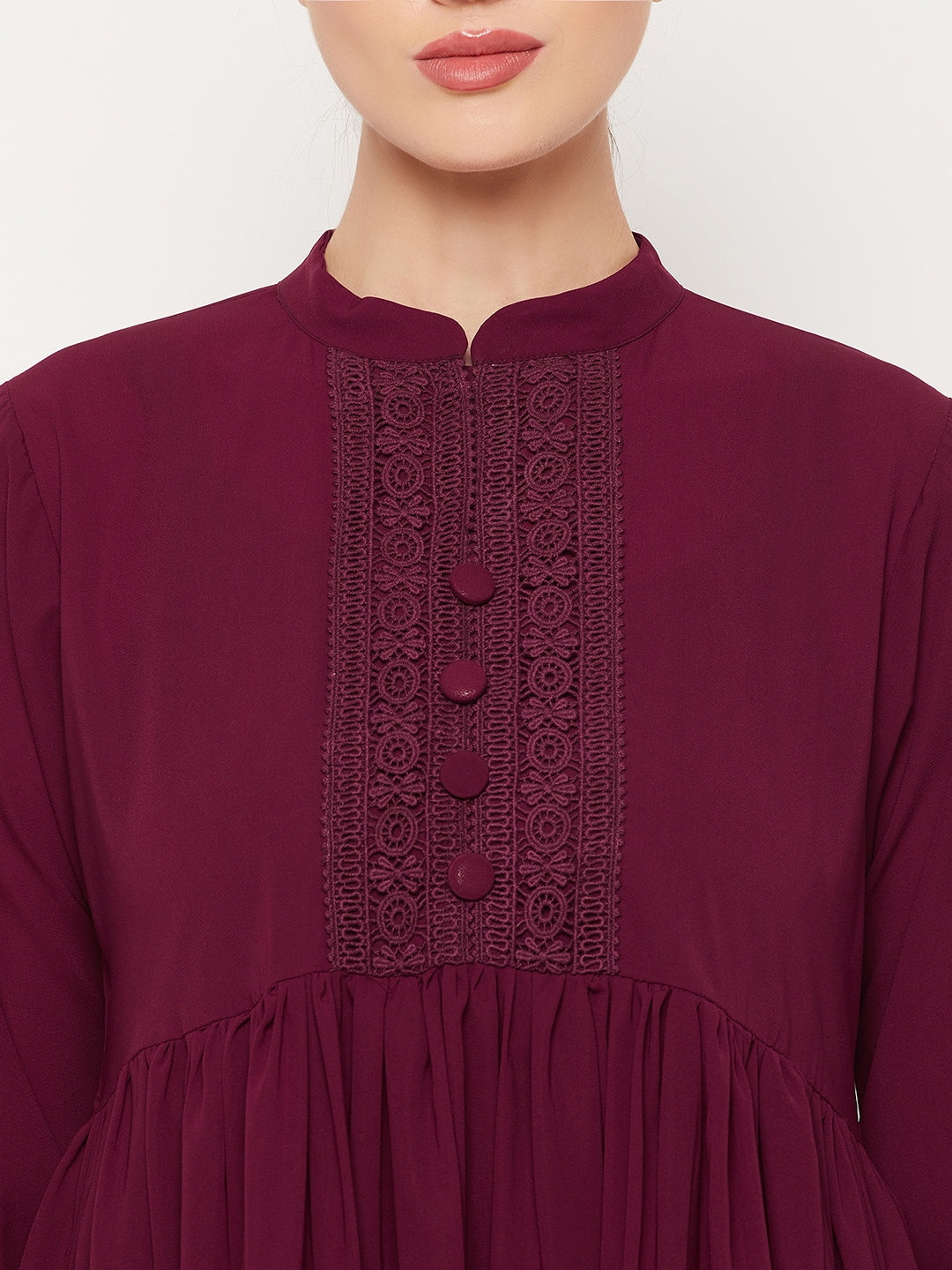 Nabia Maroon Lace Work Nida Matte Women Abaya With Georgette Scarf