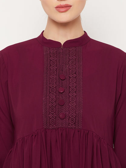 Nabia Maroon Lace Work Women Abaya with Georgette Scarf