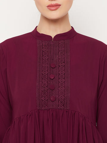 Nabia Maroon Lace Work Nida Matte Women Abaya With Georgette Scarf