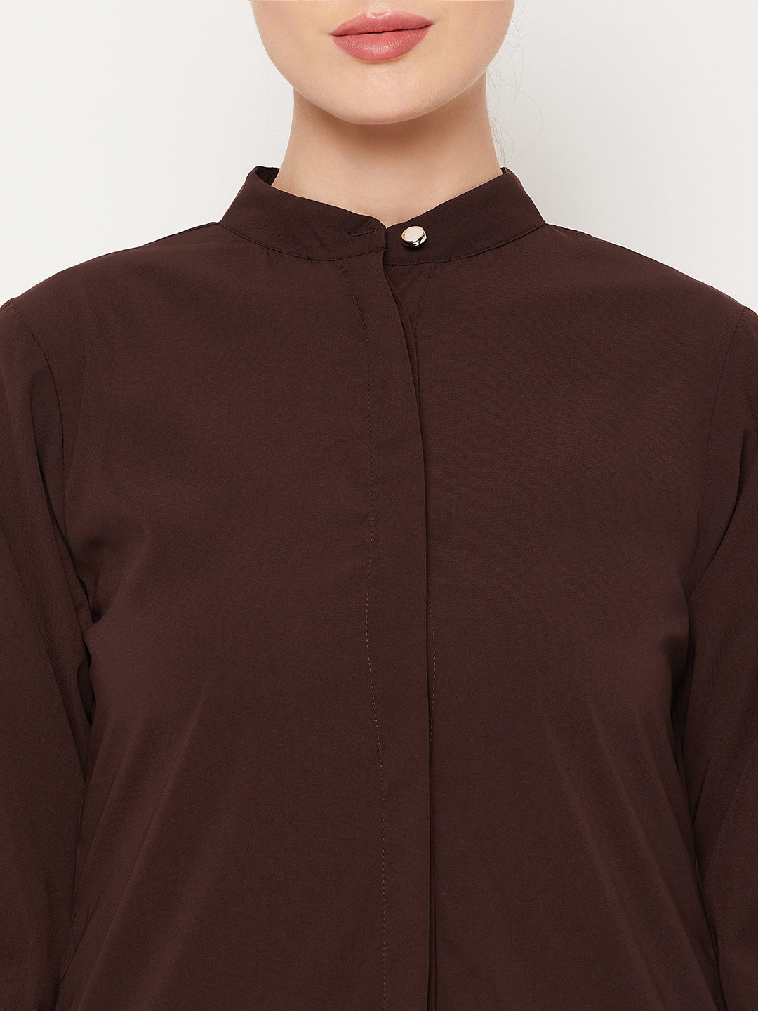 Nabia Brown Nida Mate Fabric Front Open Abaya With Georgette Scarf