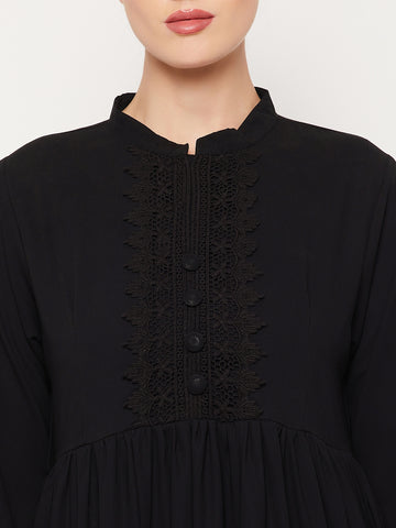 Nabia Black Lace Nida Matte Women Abaya With Georgette Scarf