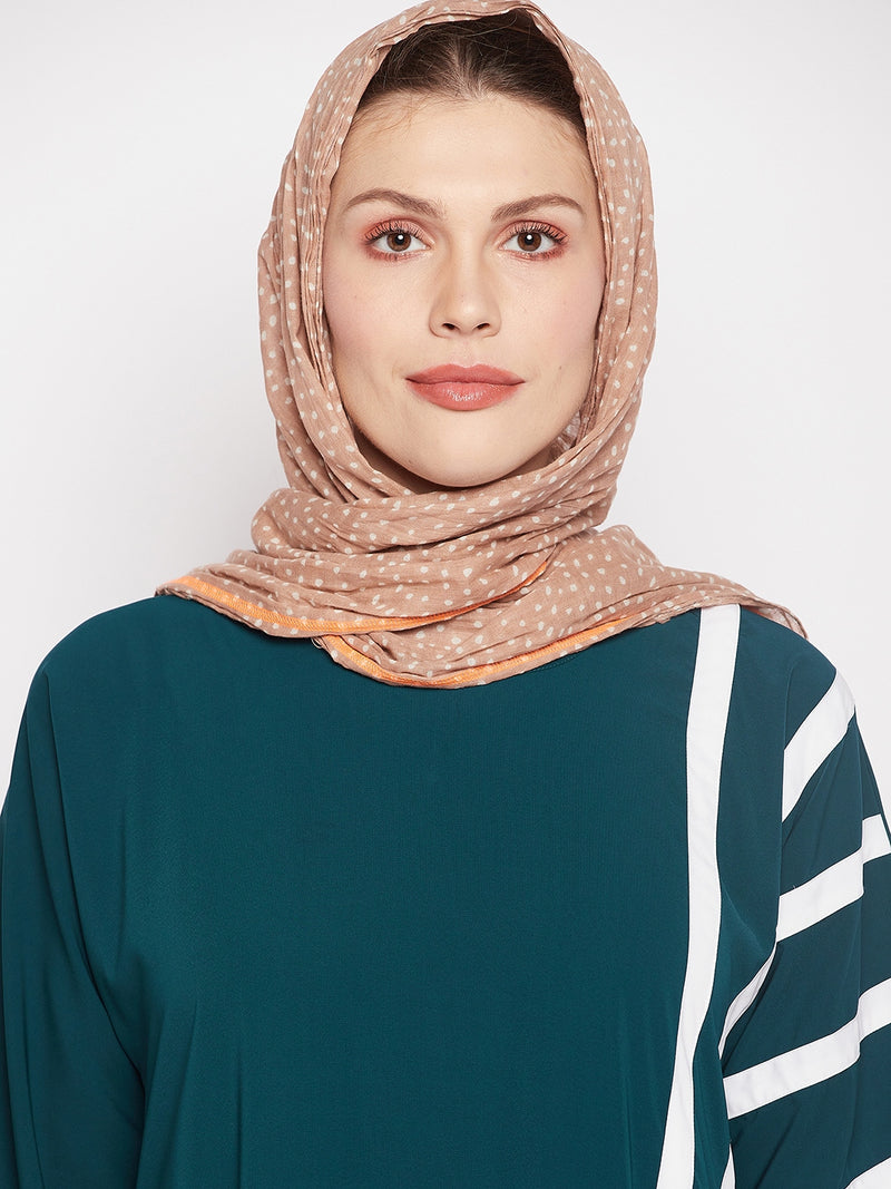 Nabia Women Bottle Green & White Solid A-line Nida Matte Fabric Abaya Burqa With Black Georgette Scarf