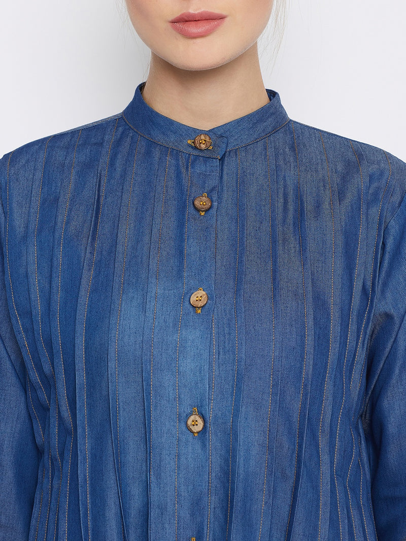 Nabia Women Blue Solid Denim Front Open Abaya Dress With Georgette Scarf