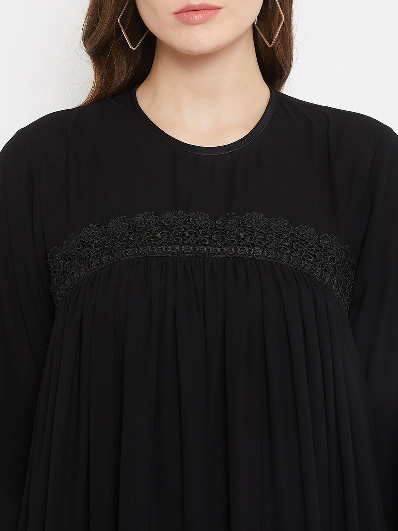 Nabia Women Black Solid Lace Maxi Abaya Dress With Georgette Scarf