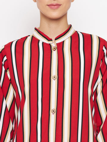 Nabia  Women Red Front Open Striped Abaya With Georgette Scarf