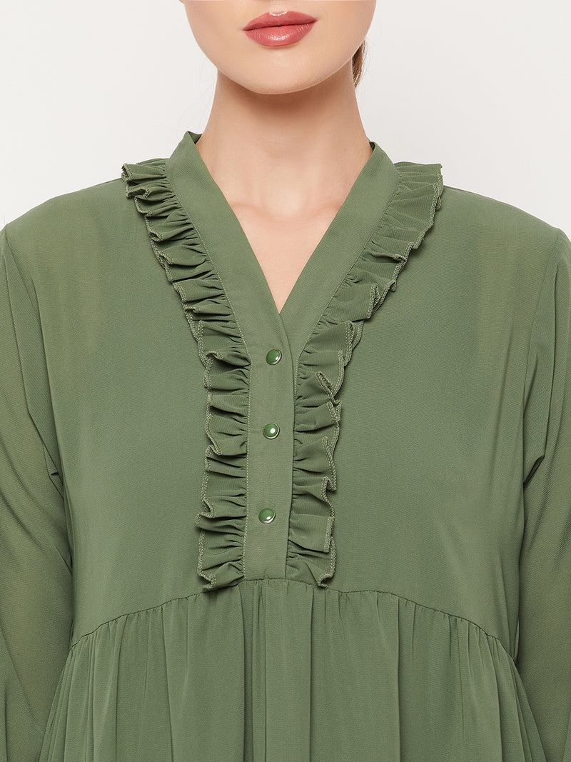 Nabia Jade Green Ruffle Nida Matte Fabric Women Abaya With Georgette Scarf