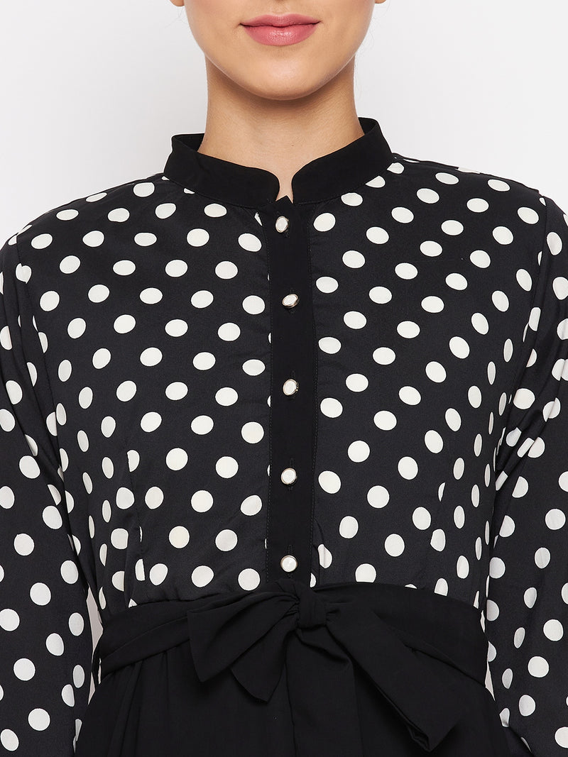 Nabia Women Black & White Polka Dot Printed Abaya With Georgette Scarf