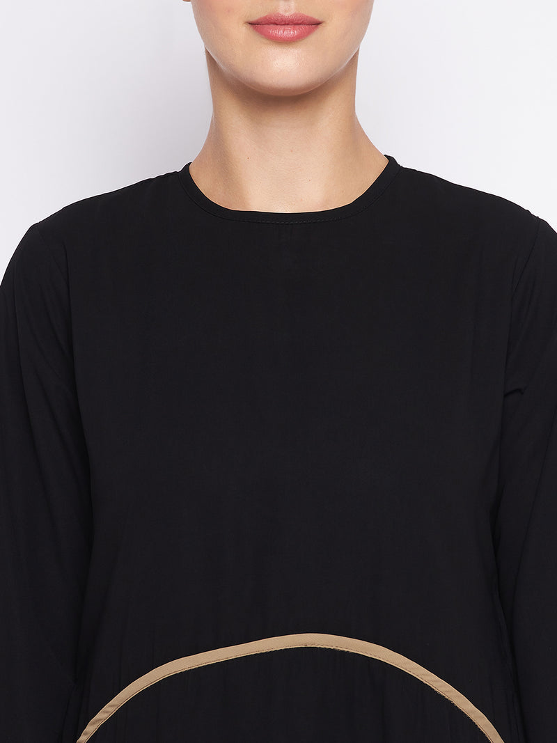 Nabia Black Nida Matte Fabric Piping Design Double Layer Abaya For Women With Georgette Scarf