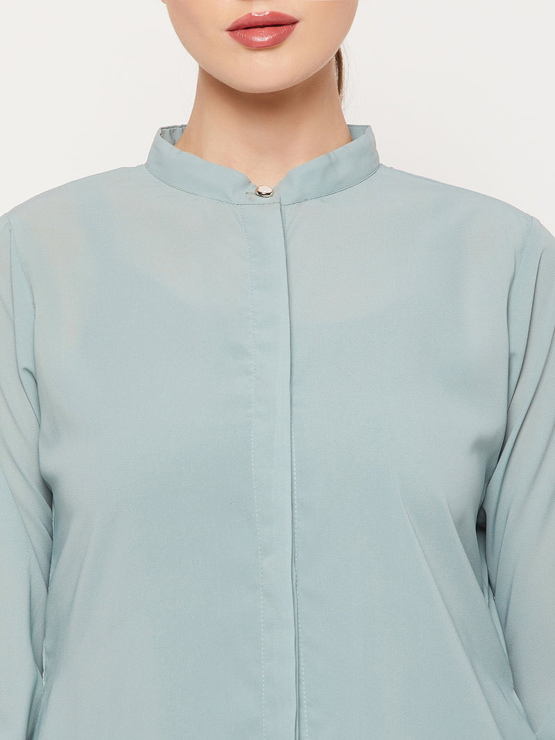 Nabia Sea Green Nida Mate Fabric Front Open Abaya With Georgette Scarf