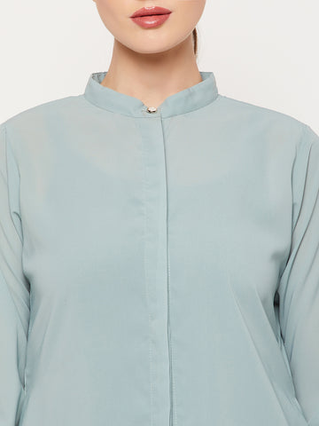 Nabia Sea Green Nida Mate Fabric Front Open Abaya With Georgette Scarf