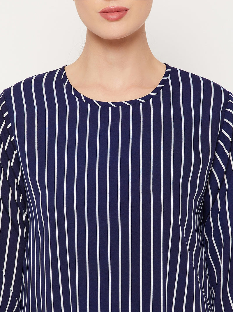 Nabia Blue Striped Crape Women Abaya With Georgette Scarf