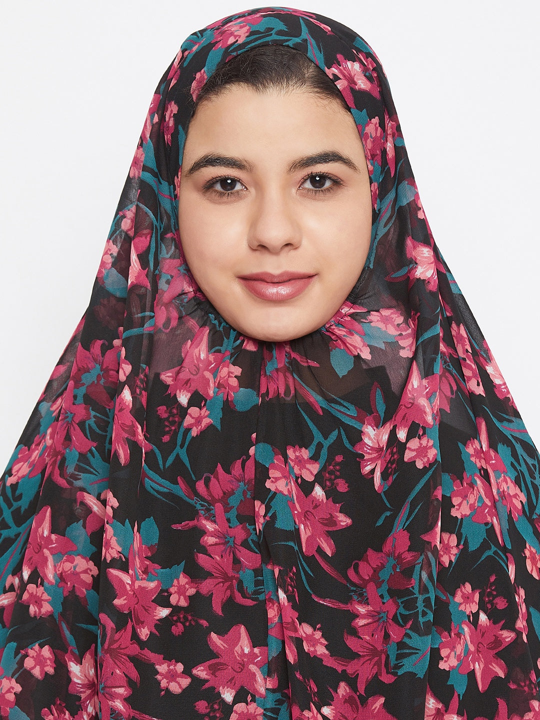 Nabia Women Black Floral Printed  Khimar Hijab