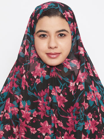 Nabia Women Black Floral Printed  Khimar Hijab